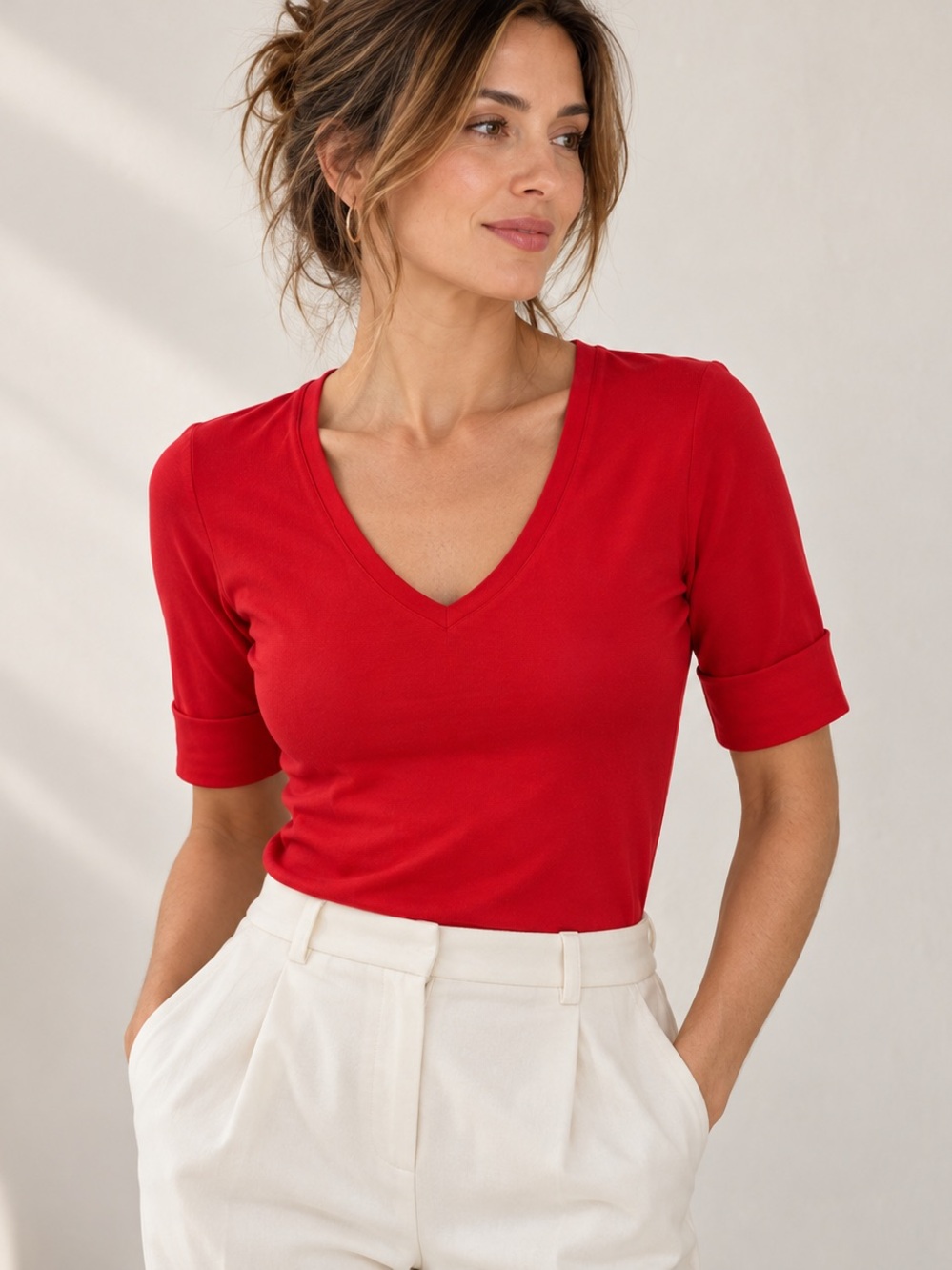 Lauren Ralph Lauren Petite Red Stretch Cotton V-Neck Tee